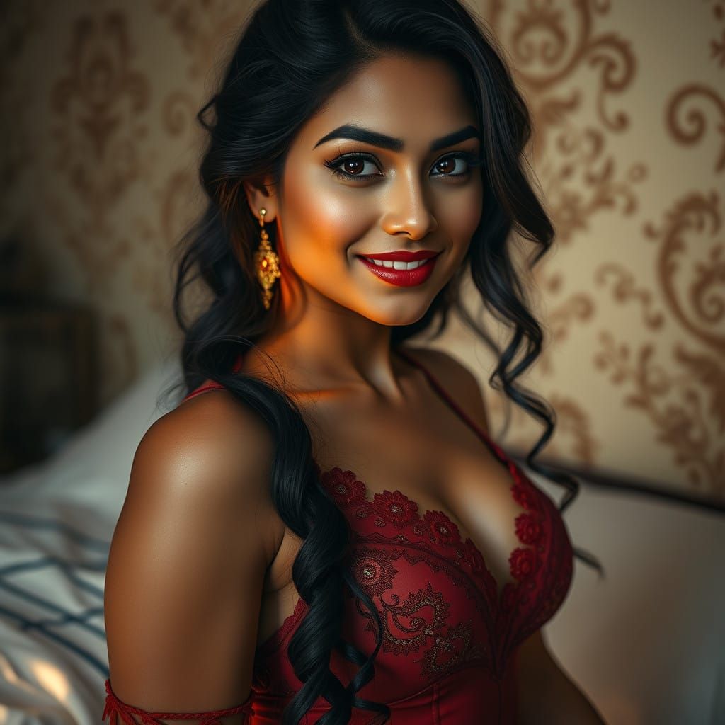 Ethereal Beauty in Red Lingerie, Blending Reality and Fantas...