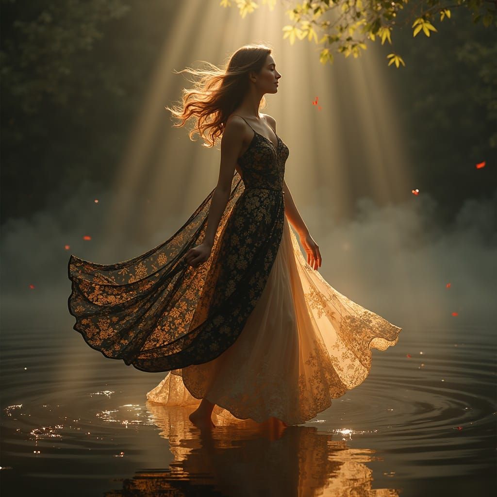 Woman in Luminous Mosaic Dress, Ethereal Light