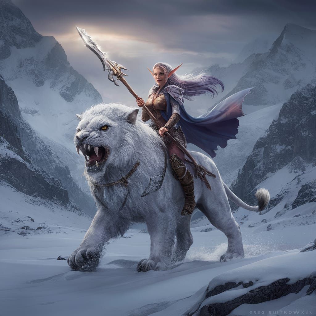 Dark Fantasy Elf Warrior Riding a Saber-Toothed Snow Lion