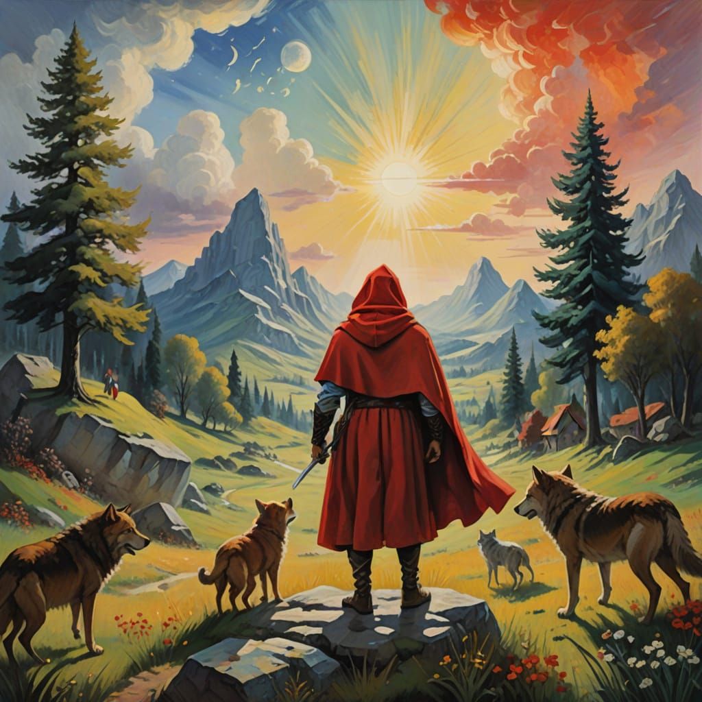 Surreal David Confronts Goliath in a Dreamlike Landscape