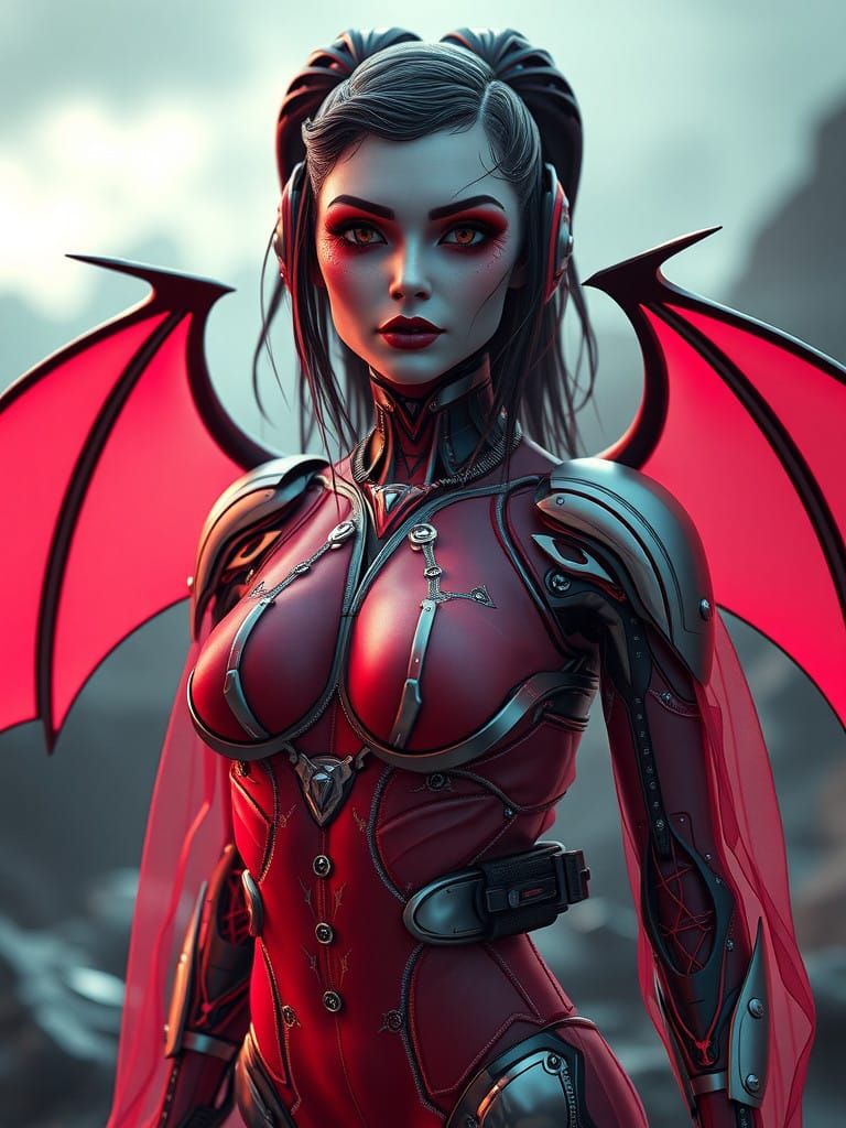 Cybernetic Vampire Goddess in Dark Crimson Armor