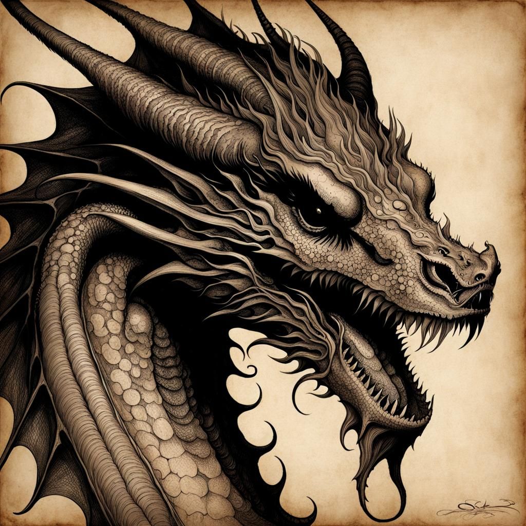 Cthulhu Portrait: Tentacled Dragon in Sepia Ink