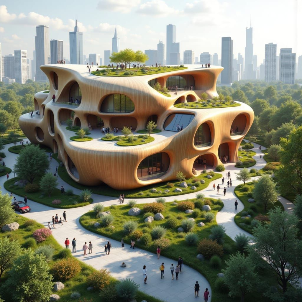 Futuristic Organic Timber Building with Gardens