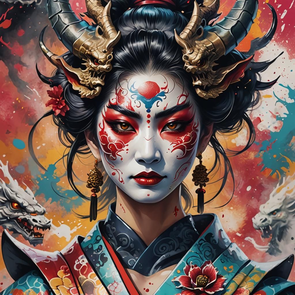 Geisha with Oni Mask and Dragon Tattoo in Digital Art
