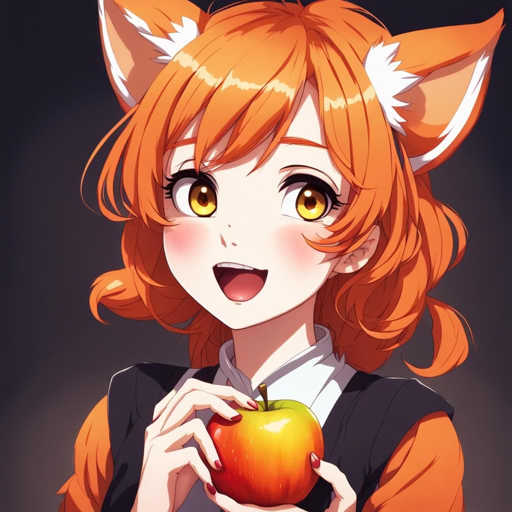 Anime Fox Girl Portrait Eating Apple in Deep Color