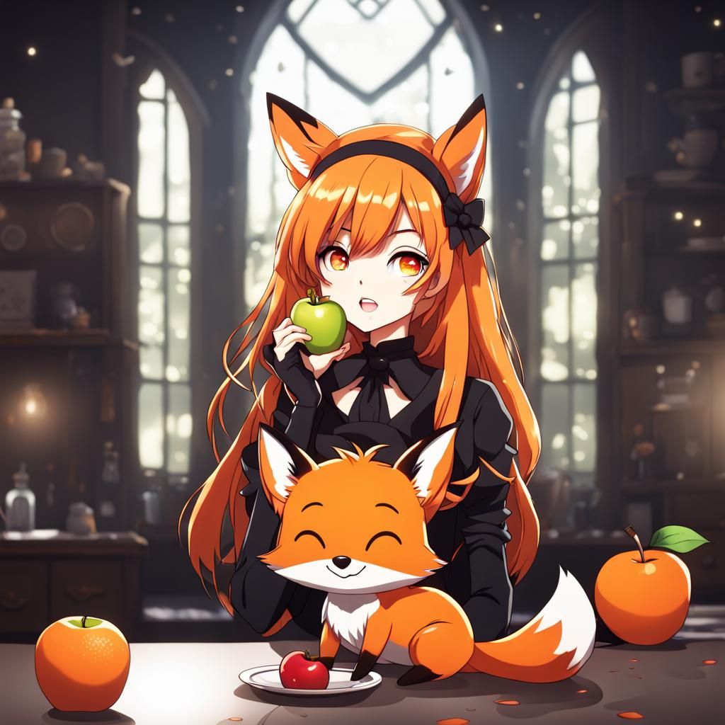 Anime Fox Girl Eating Apple in Deep Color