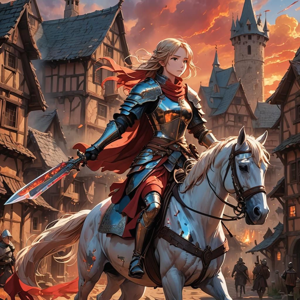Anime Battle Maiden Rides Through Medieval Village