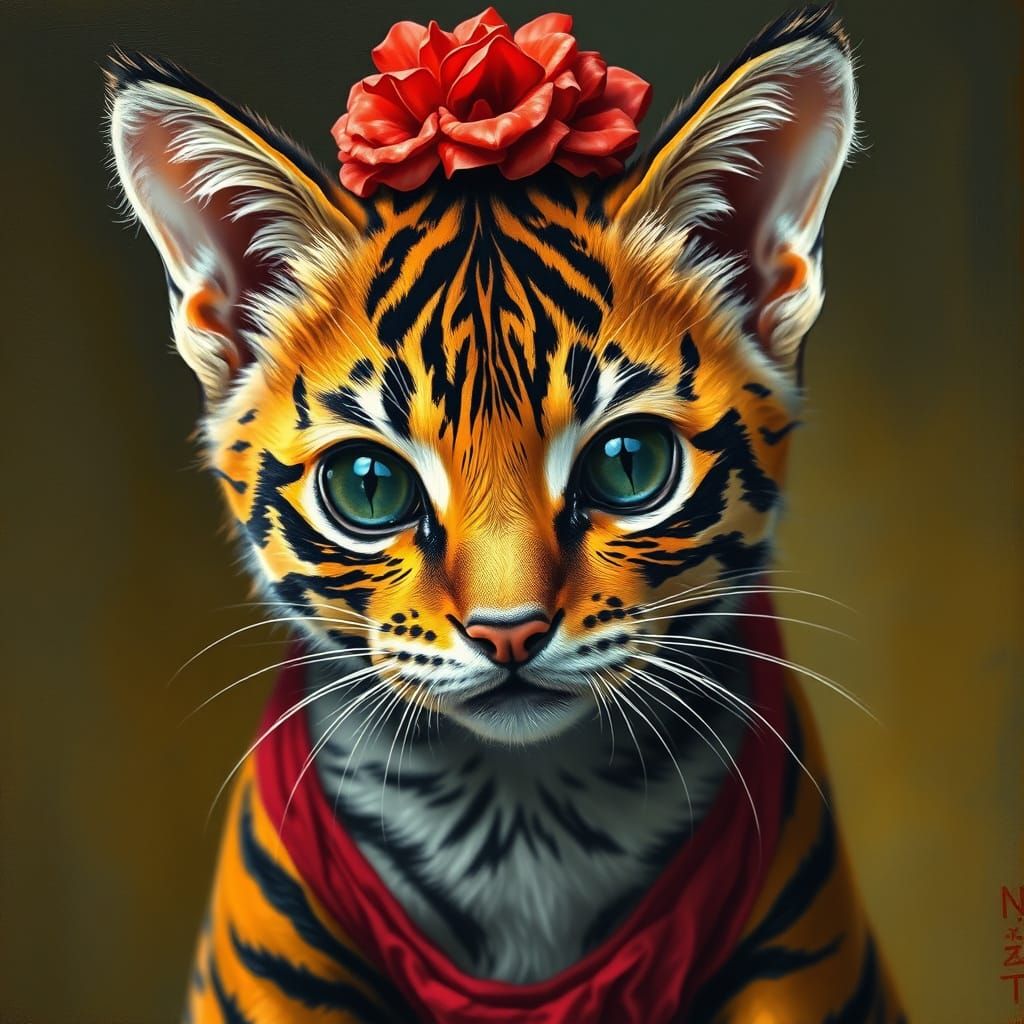 Tiny Cat Dressed As Tiger Oil Painting Inspired by Frida Kah...