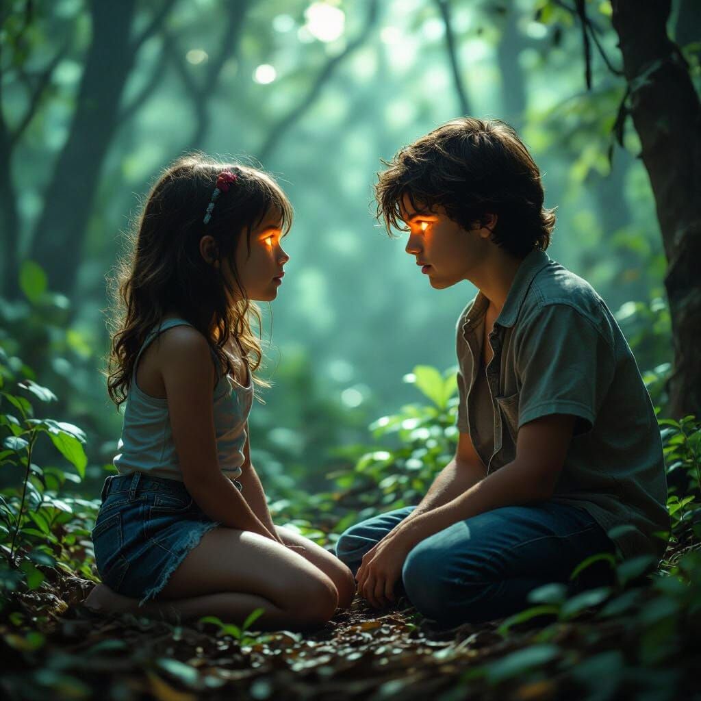 Girl Mesmerized by Glowing Eyes in Forest, Cinematic Style
