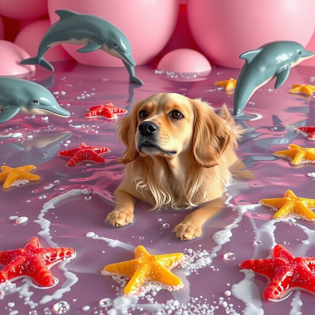 Golden Retriever Paddles Through Soda Sea With Gummy Dolphin...