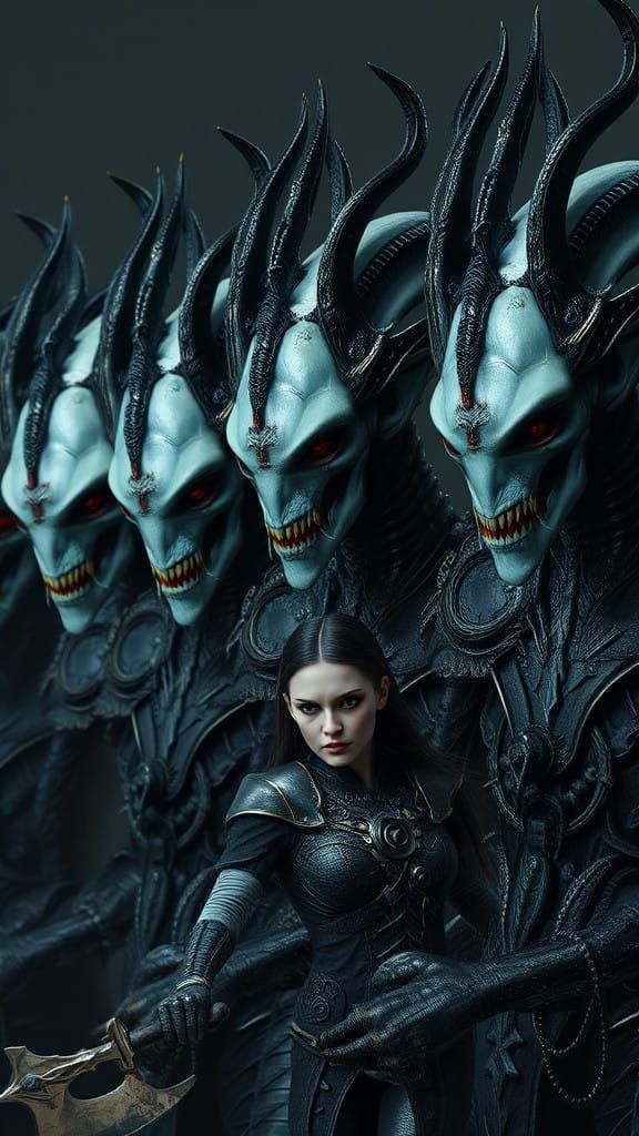 Towering Humanoid Aliens in Battle Position, Gothic Armor, a...