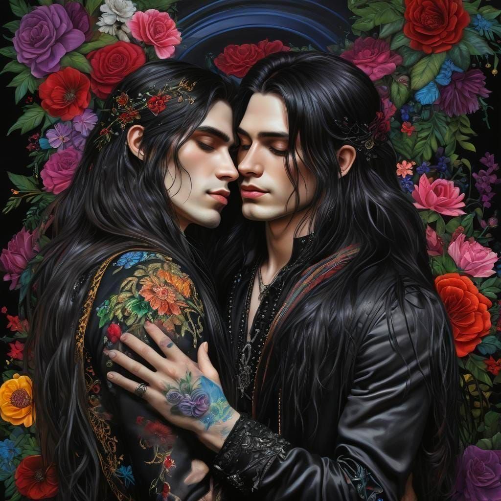 Gothic Metalheads Embrace in Embroidered Portrait