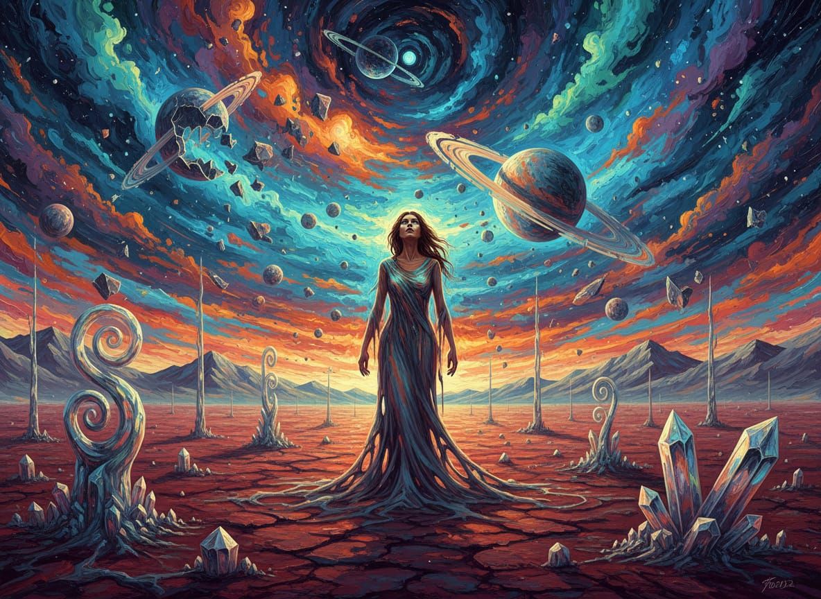 A solitary woman stands on a desolate, alien planet, gazing ...