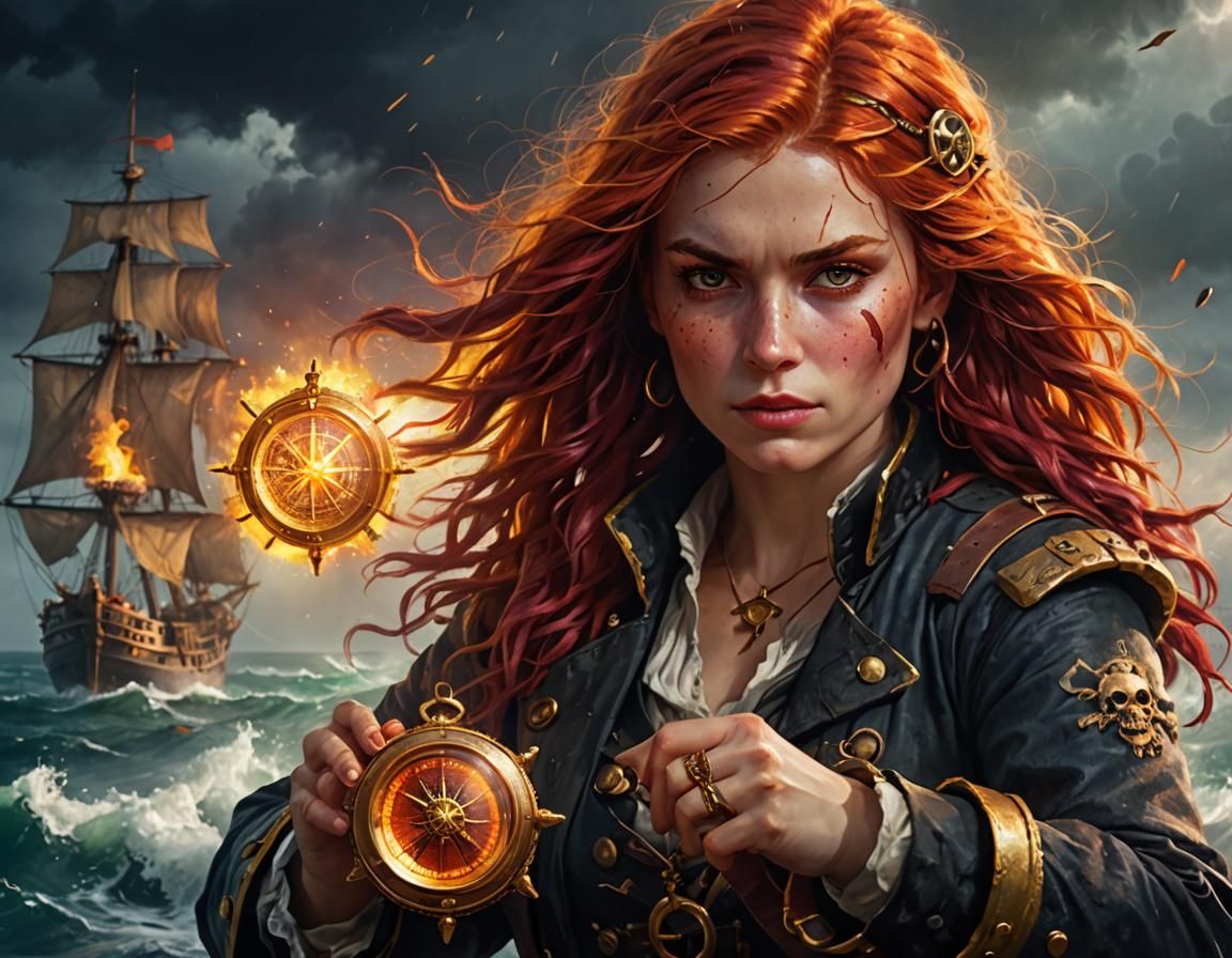 Fiery Pirate Captain Portrait in Crimson Ocean