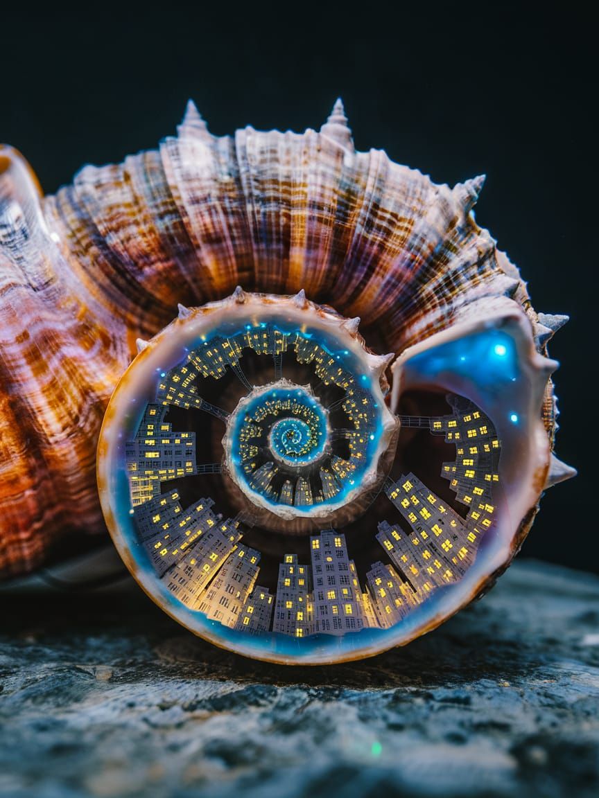 Illuminated Miniature City Inside Seashell: Macro Photograph...