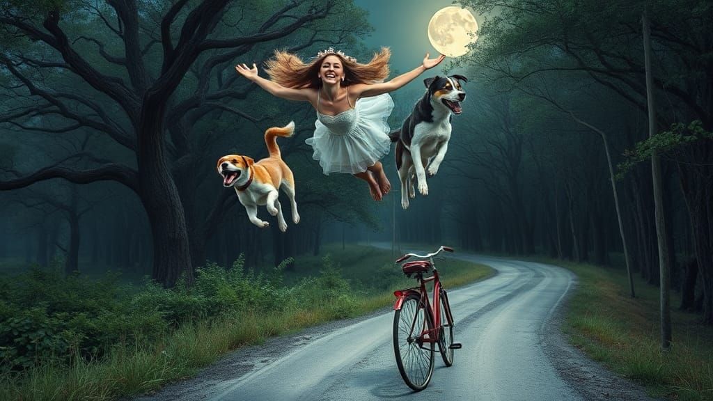 Woman Soars with Dogs in Magical Forest