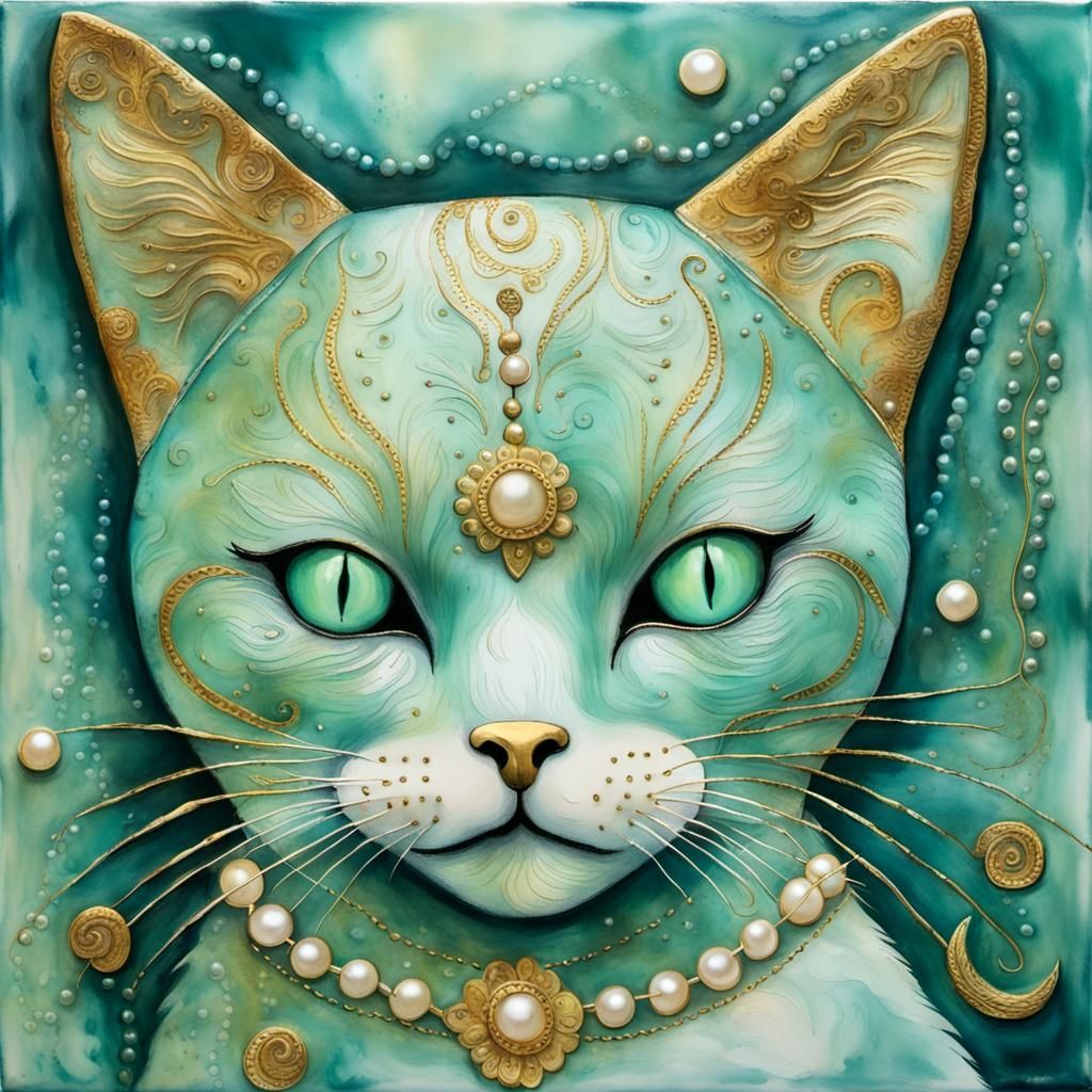 Encaustic Folk Art Cat with Gold Etching