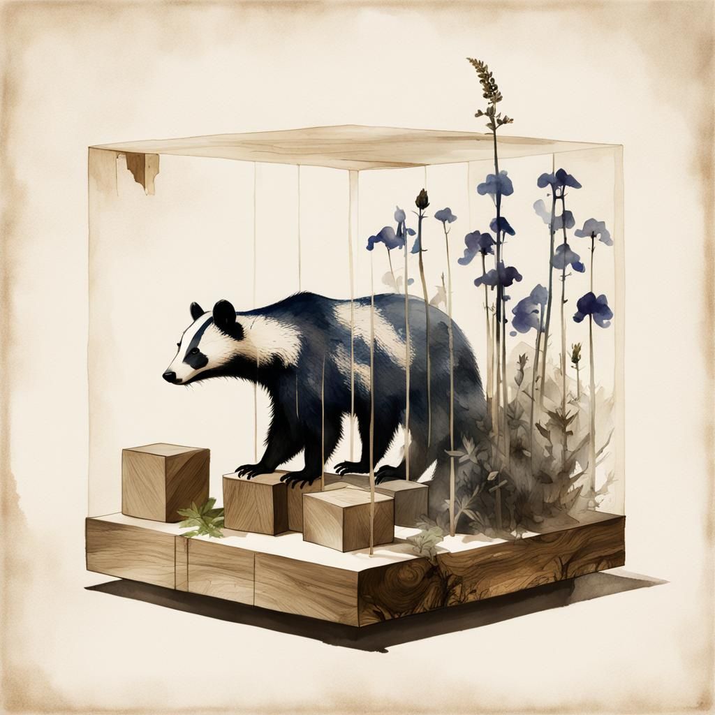 Double Exposure Badger in Gouache Watercolor Style