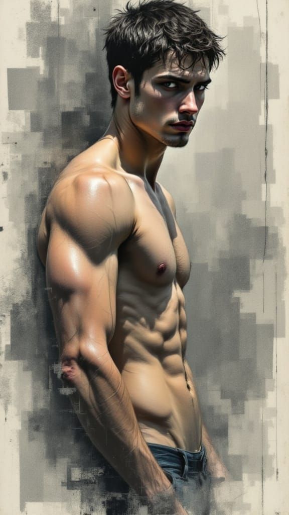 Dramatic Charcoal Portrait of a Muscular Swimmer in a Corrup...