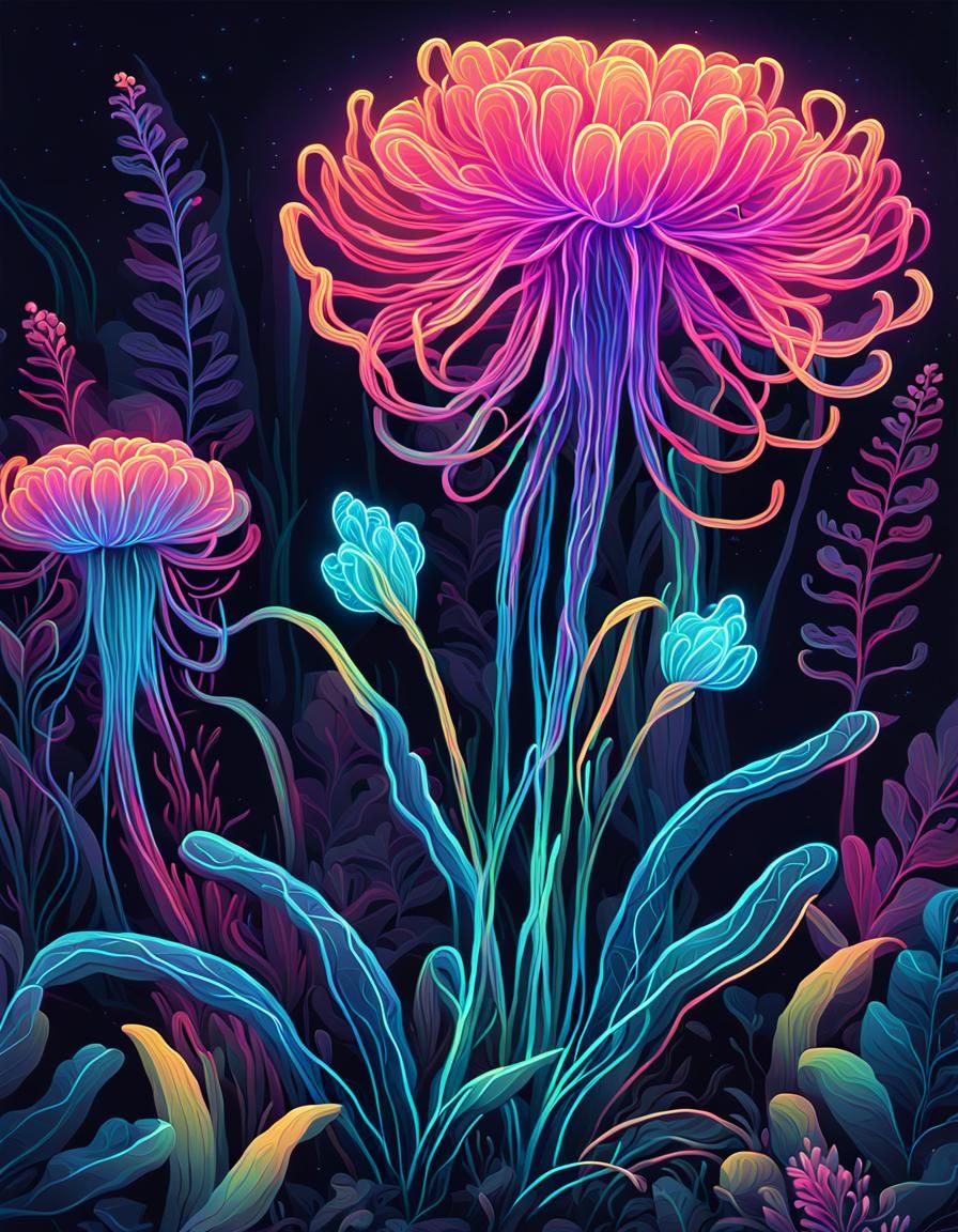 Bioluminescent Neon Plant in a Botanical Landscape