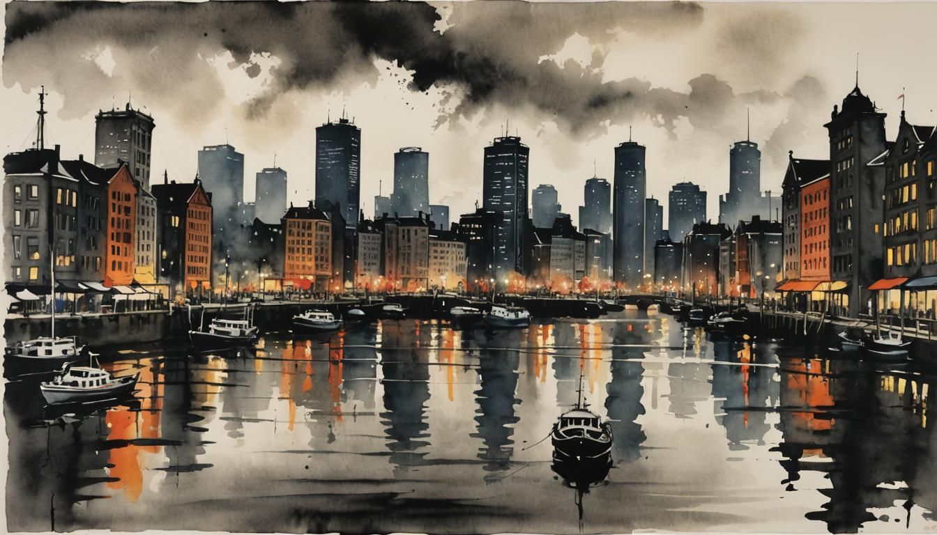Rotterdam Harbor in Film Noir Sumi-e Style