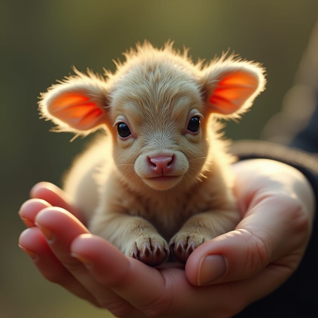 Finger-Sized Calf Held in Hand: Cinematic Still