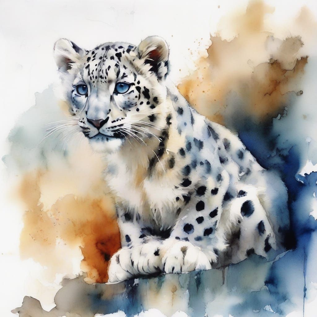 Snow Leopard Cub on Rocky Ledge in Watercolour Style