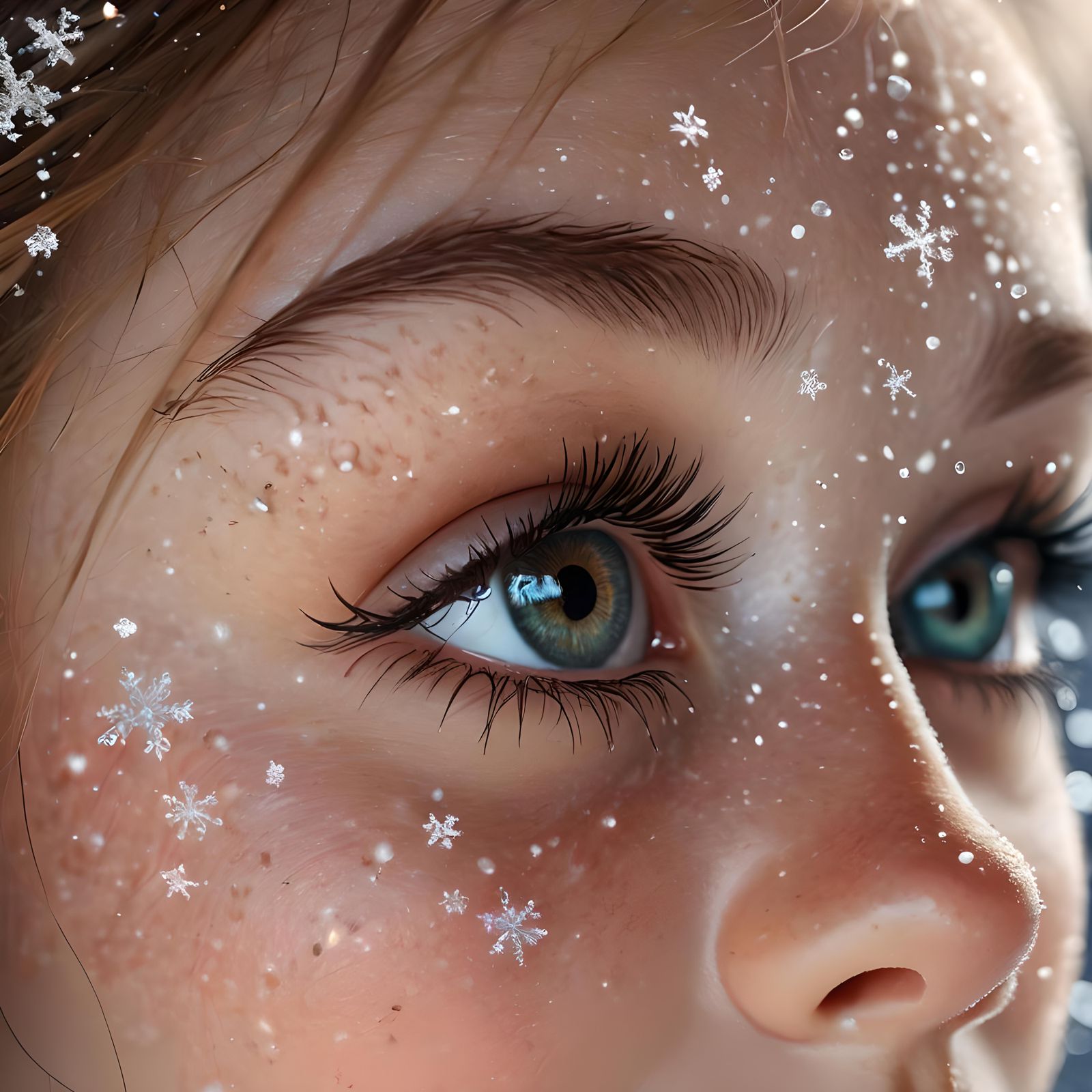 Macro Photo of Snowflakes on Girl's Eyelashes