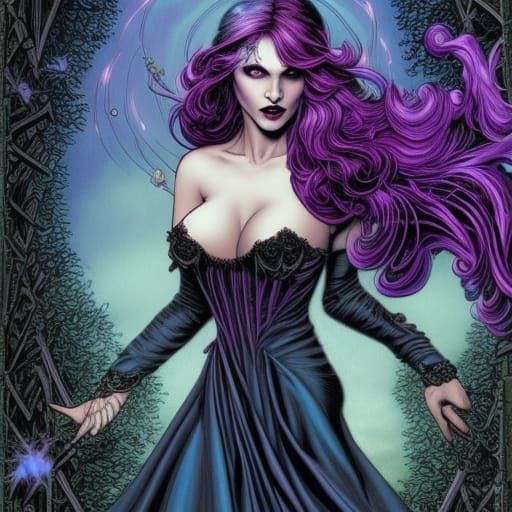 Gothic Woman with Purple Hair and Fireworks Display