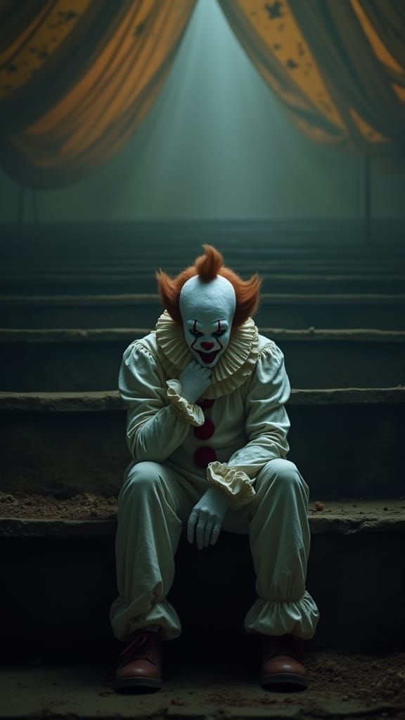 Hyper Realistic Cinematic Clown in Tattered Circus Tent