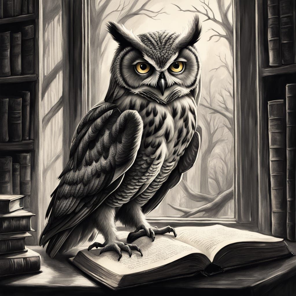 Owl Perched on Limb in Charcoal Drawing Style