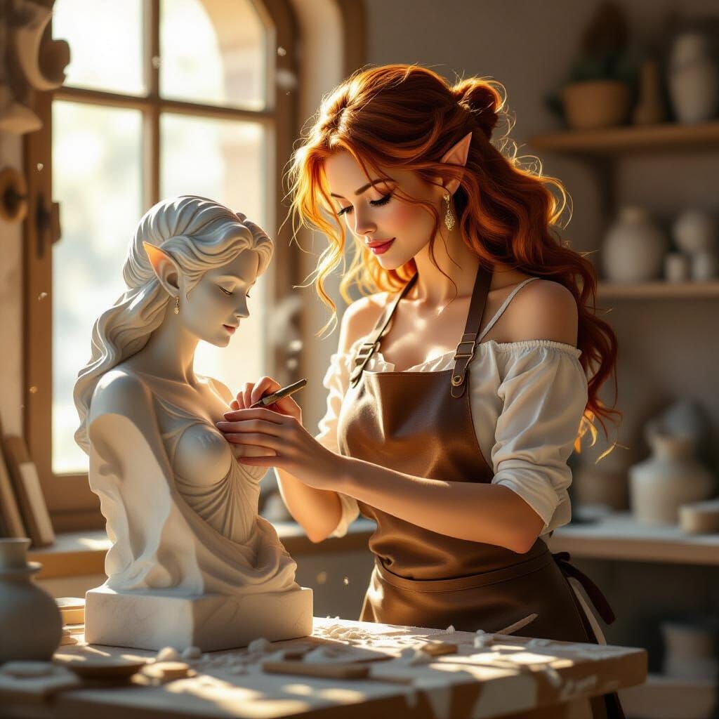 Artist Carves Elf Statue in Sunlight