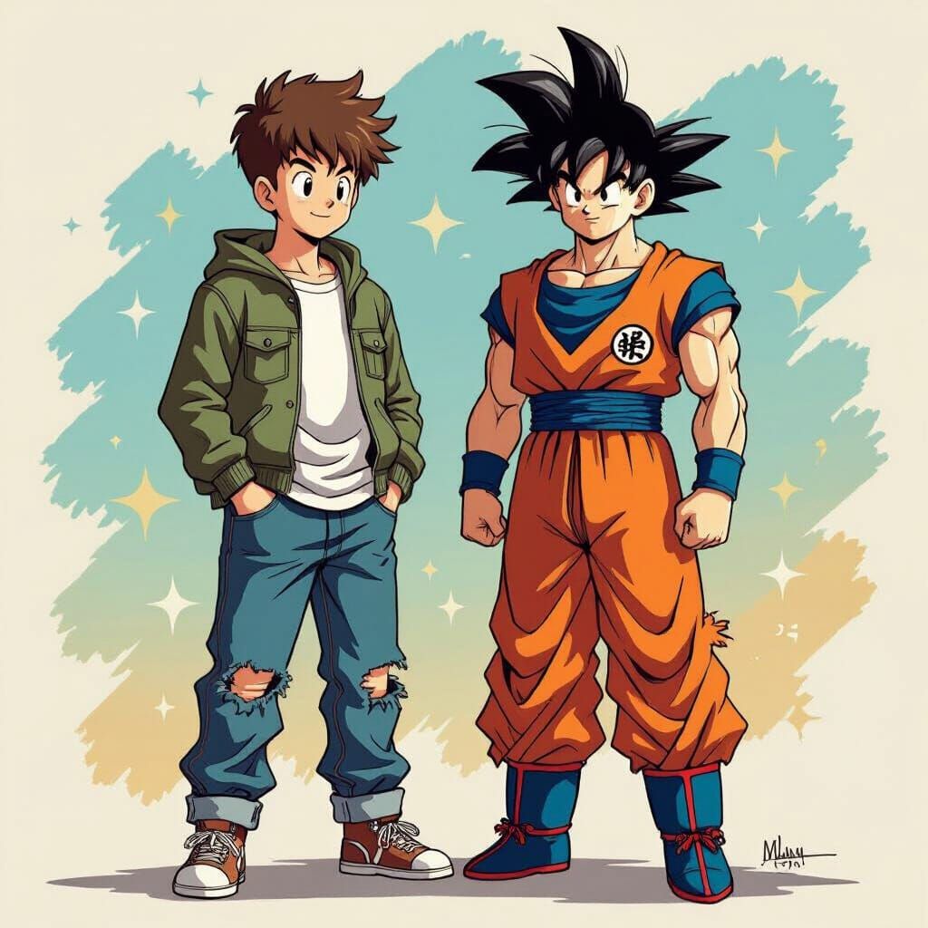 Liam and Goku Together in Stylized Illustration