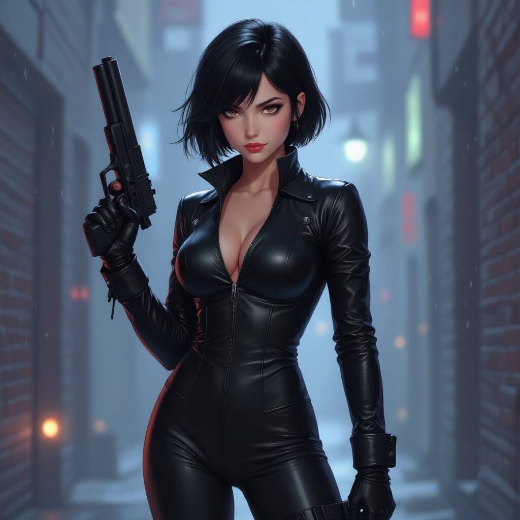 Anime Woman in Leather Bodysuit Holding Gun in Alley