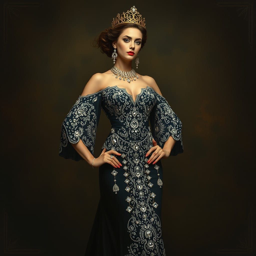 Regal Woman in Opulent Diamond Gown