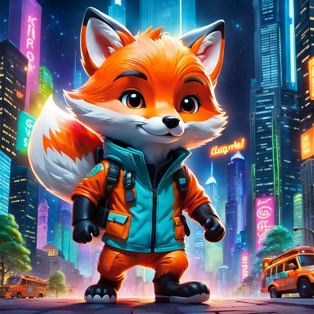 Chibi Fox Cub's Neon City Adventure