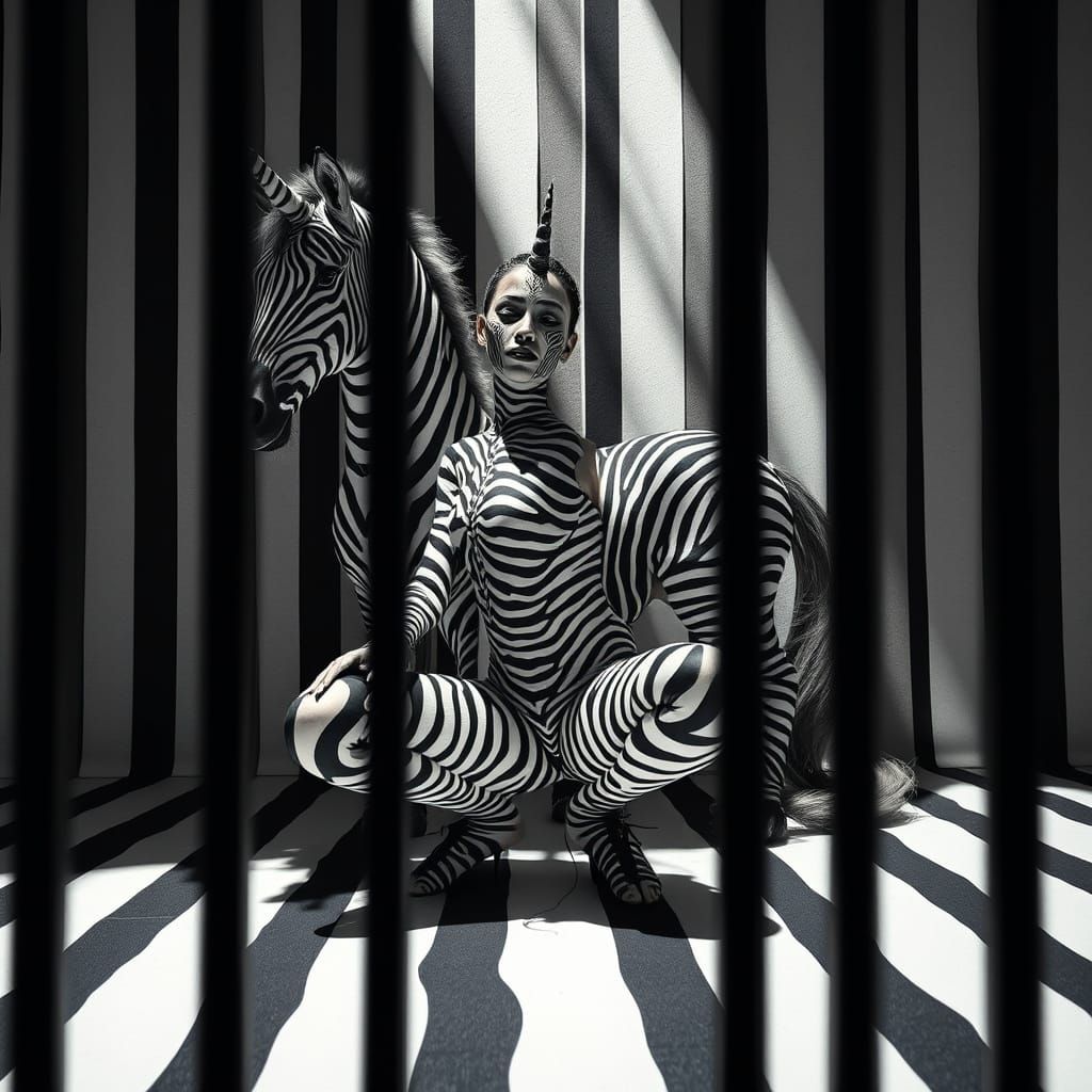 Surreal Woman Merges with Striped Zebra Unicorn in a Grid of...