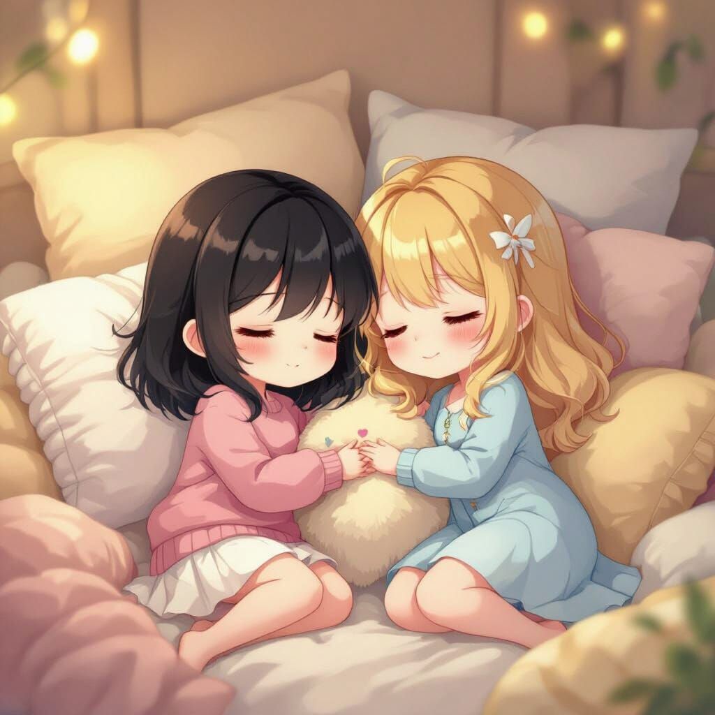 Chibi Girls Sleeping Peacefully in Dreamy Pastel Scene