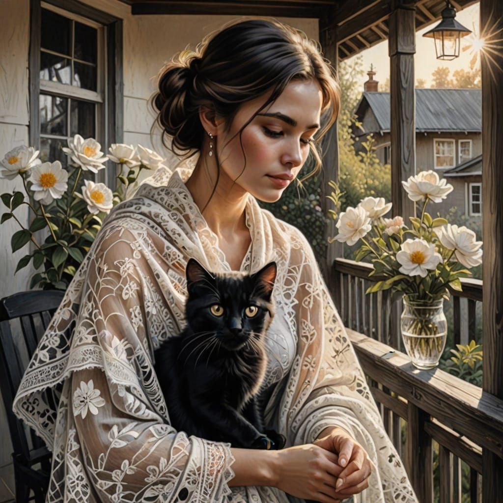 Rustic Charm: Beautiful Girl with Fluffy Kitten in Springtim...