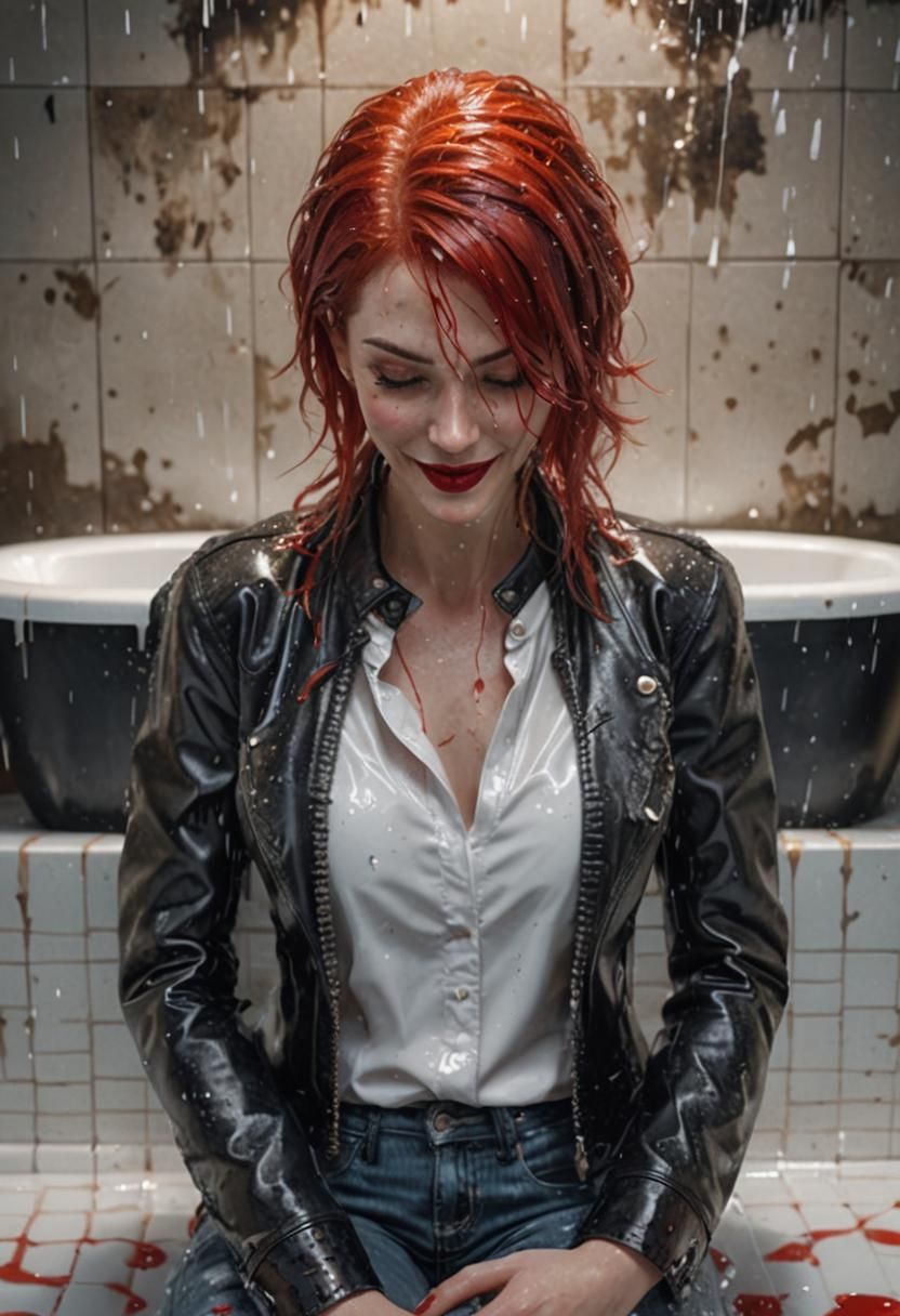Glamorous Woman in Bath with Wet Leather Jacket