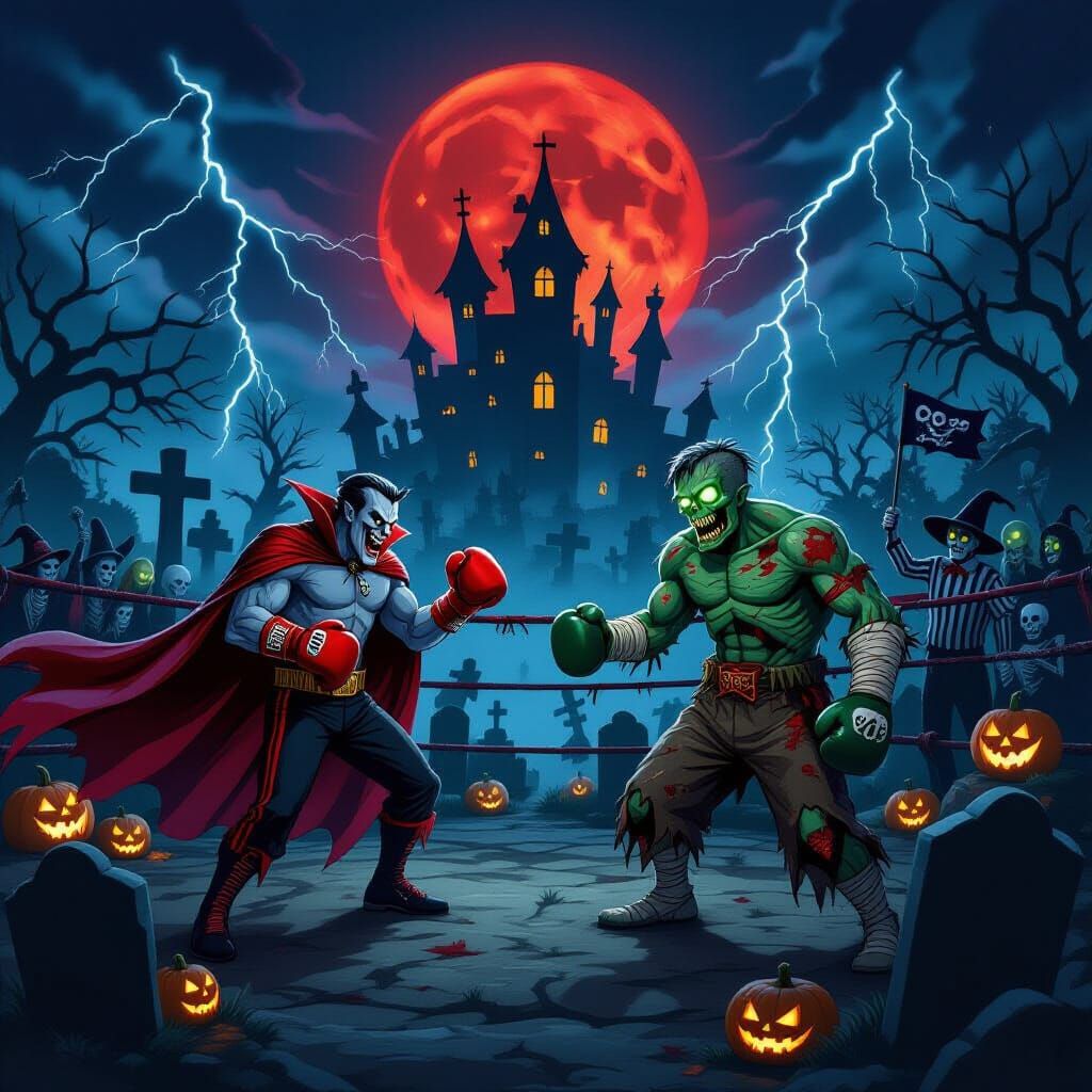 Vampire vs Zombie Boxing Match Under Blood Moon