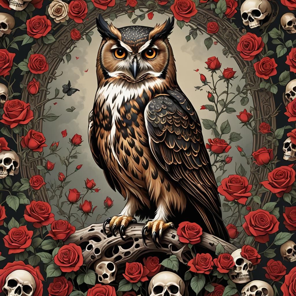 Owl on Skulls and Roses in Terri Kelleher Style