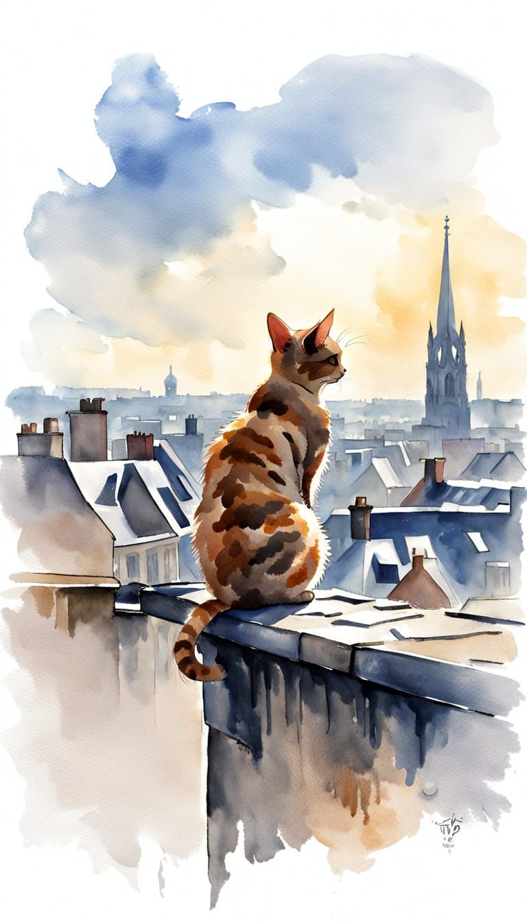 Cat on Rooftop in Rouen as Watercolour Painting