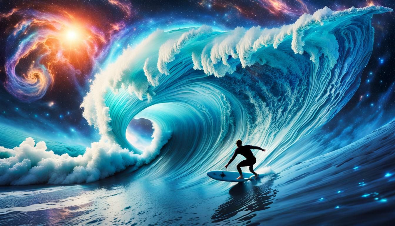 Surfer Rides Cosmic Wave in Surreal 8K