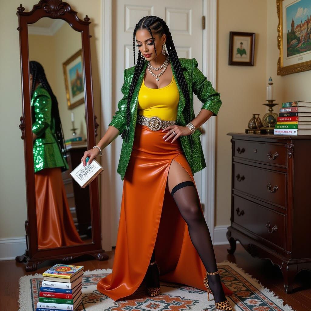 Woman with Braids and Books in Realistic Style