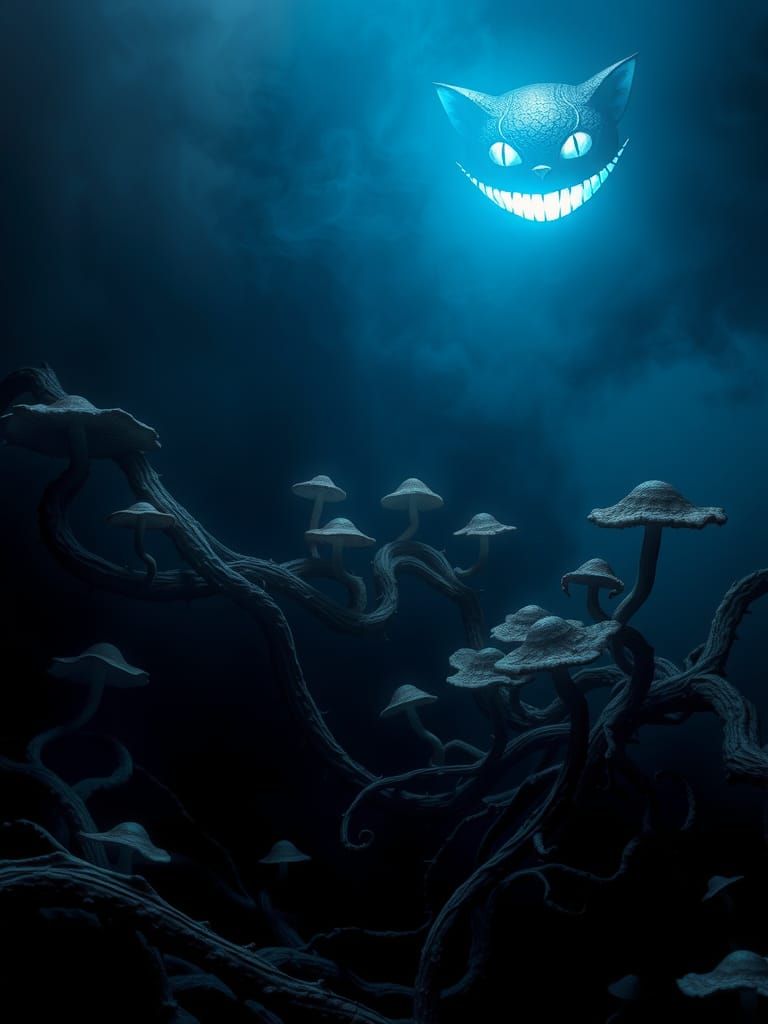 Ethereal Cheshire Cat Smile in Bioluminescent Void
