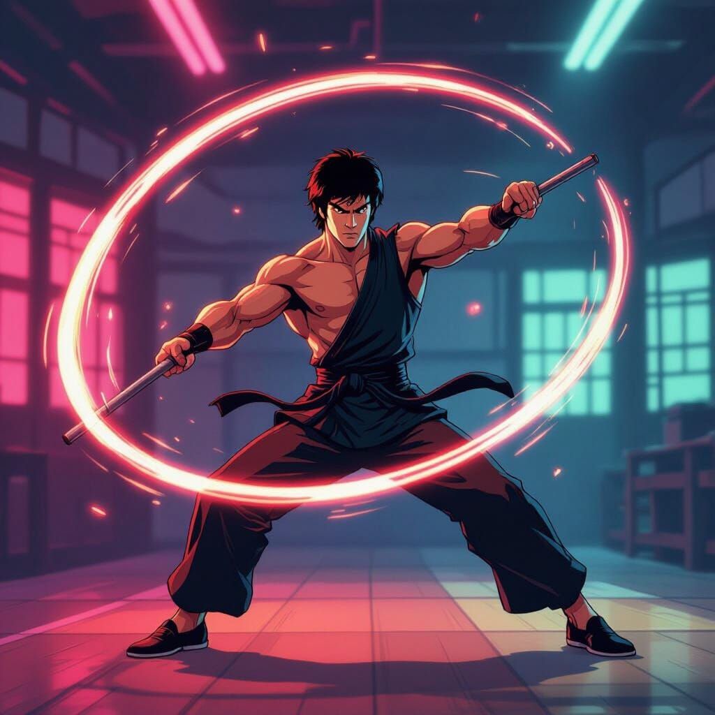 Bruce Lee Nunchaku Routine in Neon Dojo Anime Style