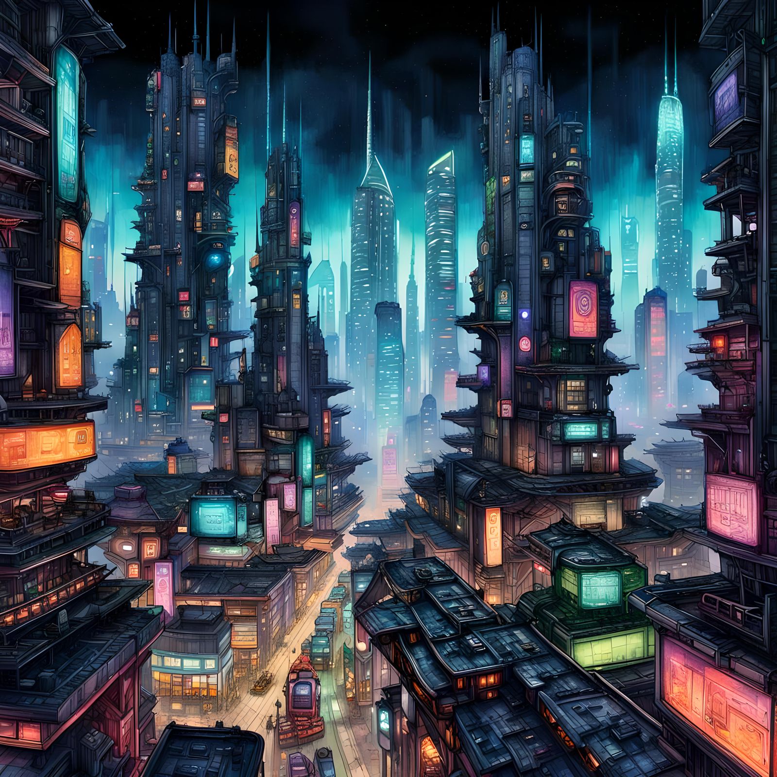 Neon-Lit Cyberpunk Cityscape Illustration