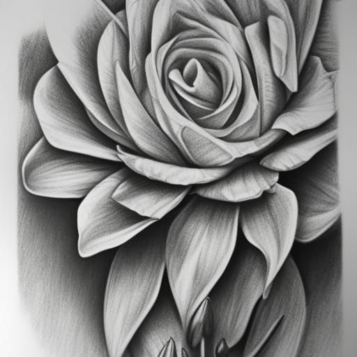 Detailed Black and White Pencil Sketch of a Flower