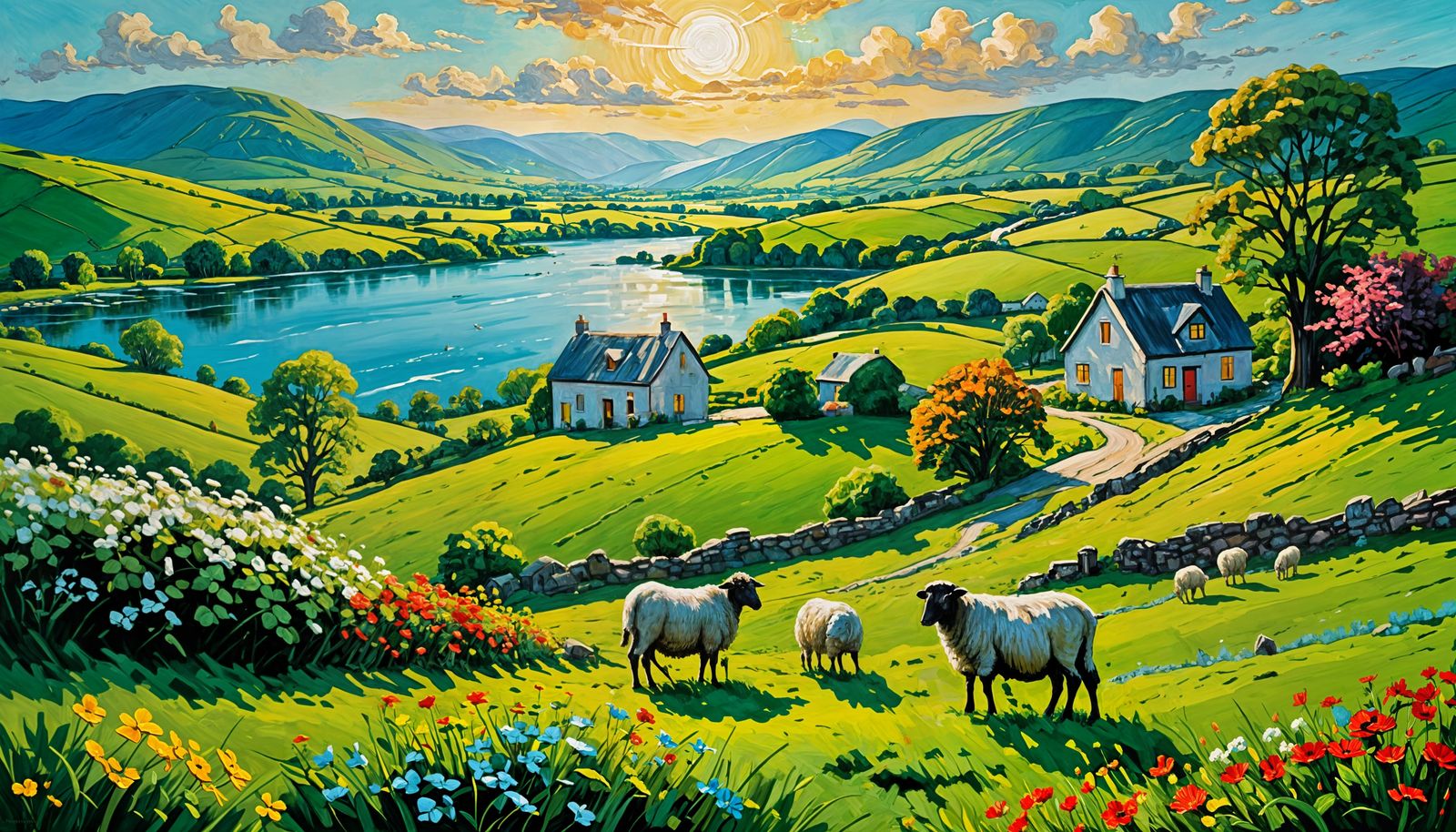 Green Irish Landscape Impasto Painting with Sheep